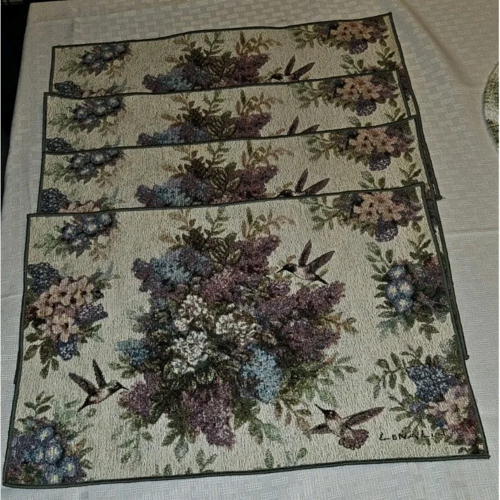 Lena Liu Set Of‎ 4 Hummingbird Floral Tapestry Whisper Wings Placemats Signed